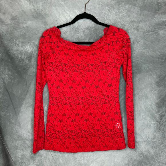 Red Lace Top Women Medium Long Sleeves Shear Floral Lace Romantic Coquette Comfy - Picture 1 of 7